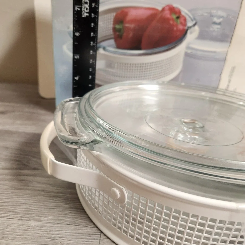 Vintage Tech by Beucler 2 Qt Casserole Server Glass with Lid White Vinyl Handles